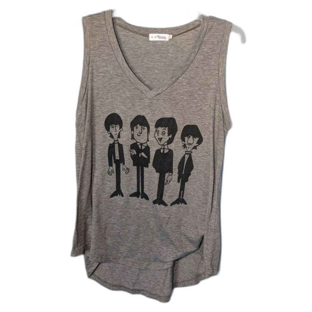 VTG Style The Beatles Cartoon Graphic Tank Top Grey L.A. Soul V-Neck